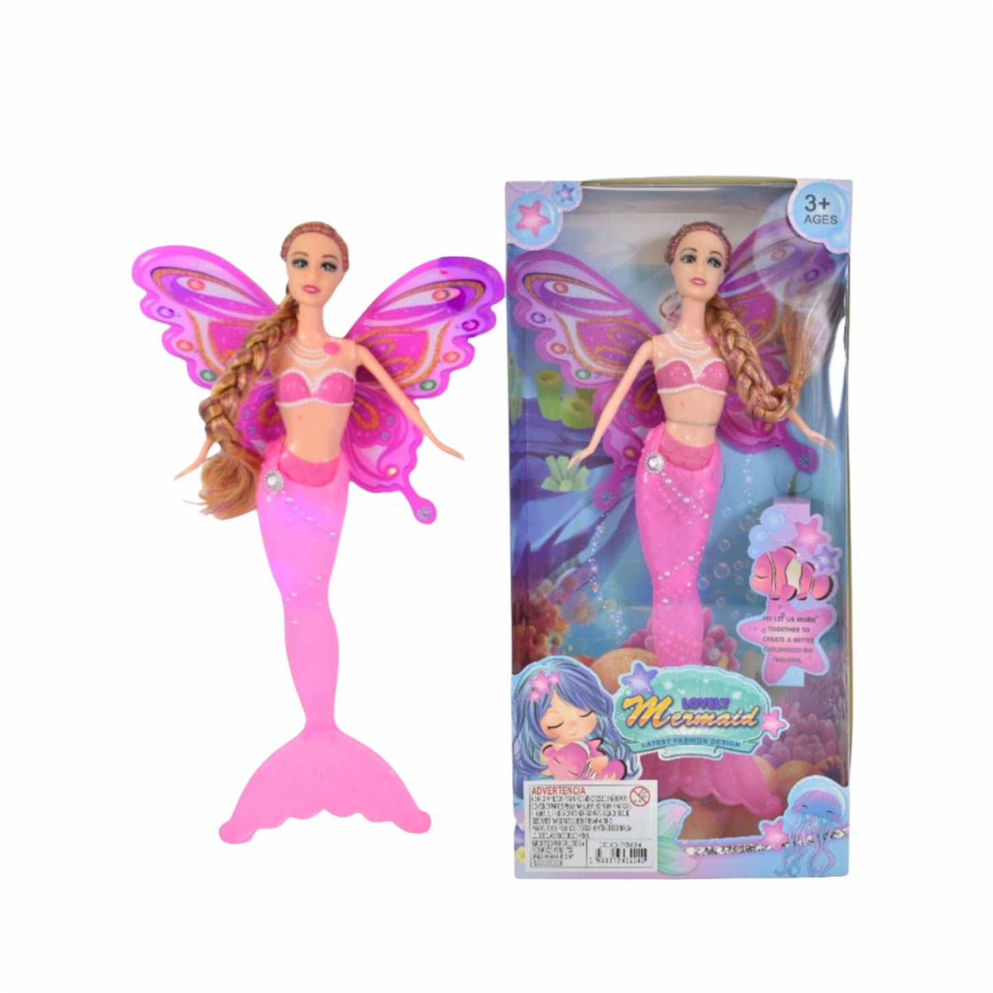 Muñeca sirena rosada con luz 32cm