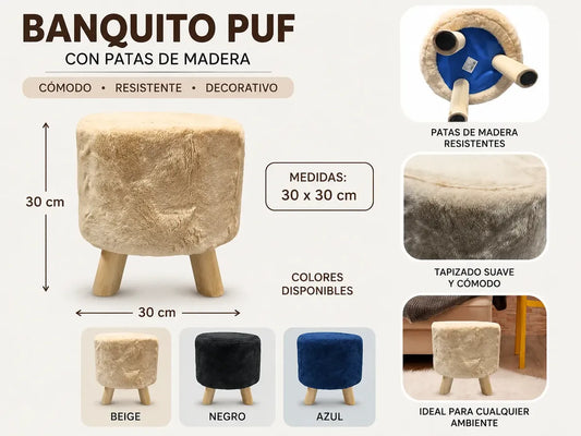 Set X2 Banco Puff Redondo Con Patas De Madera 30x30cm