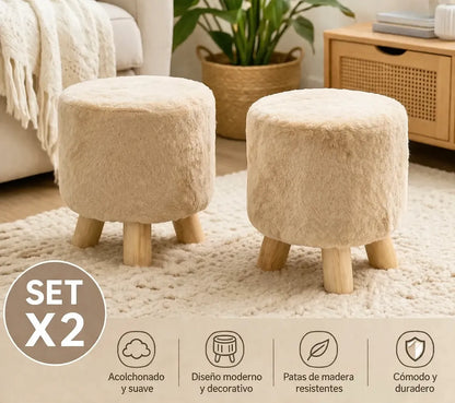 Set X2 Banco Puff Redondo Con Patas De Madera 30x30cm