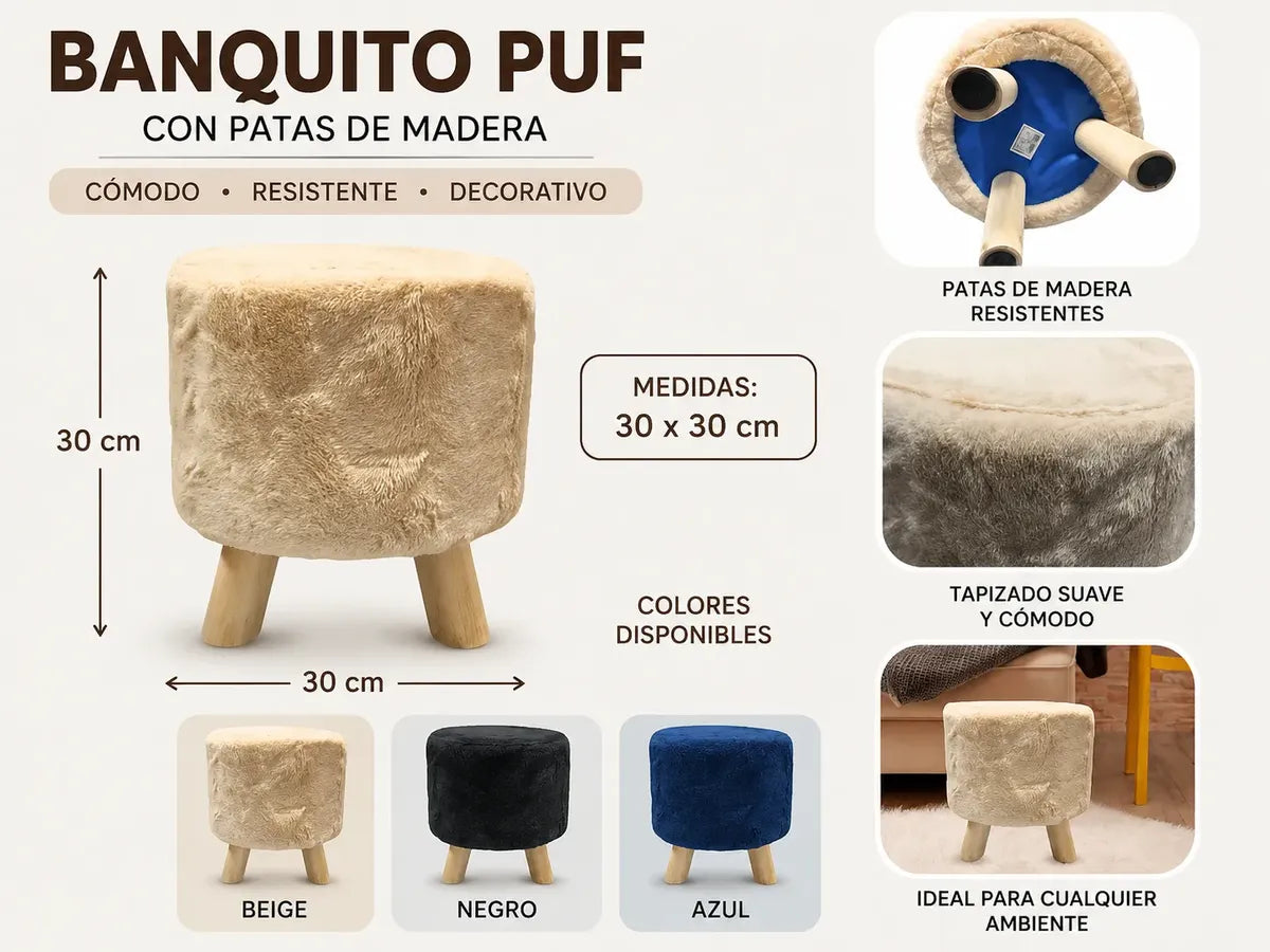 Set X2 Banco Puff Redondo Con Patas De Madera 30x30cm