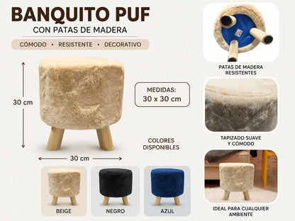 Set X2 Banco Puff Redondo Con Patas De Madera 30x30cm