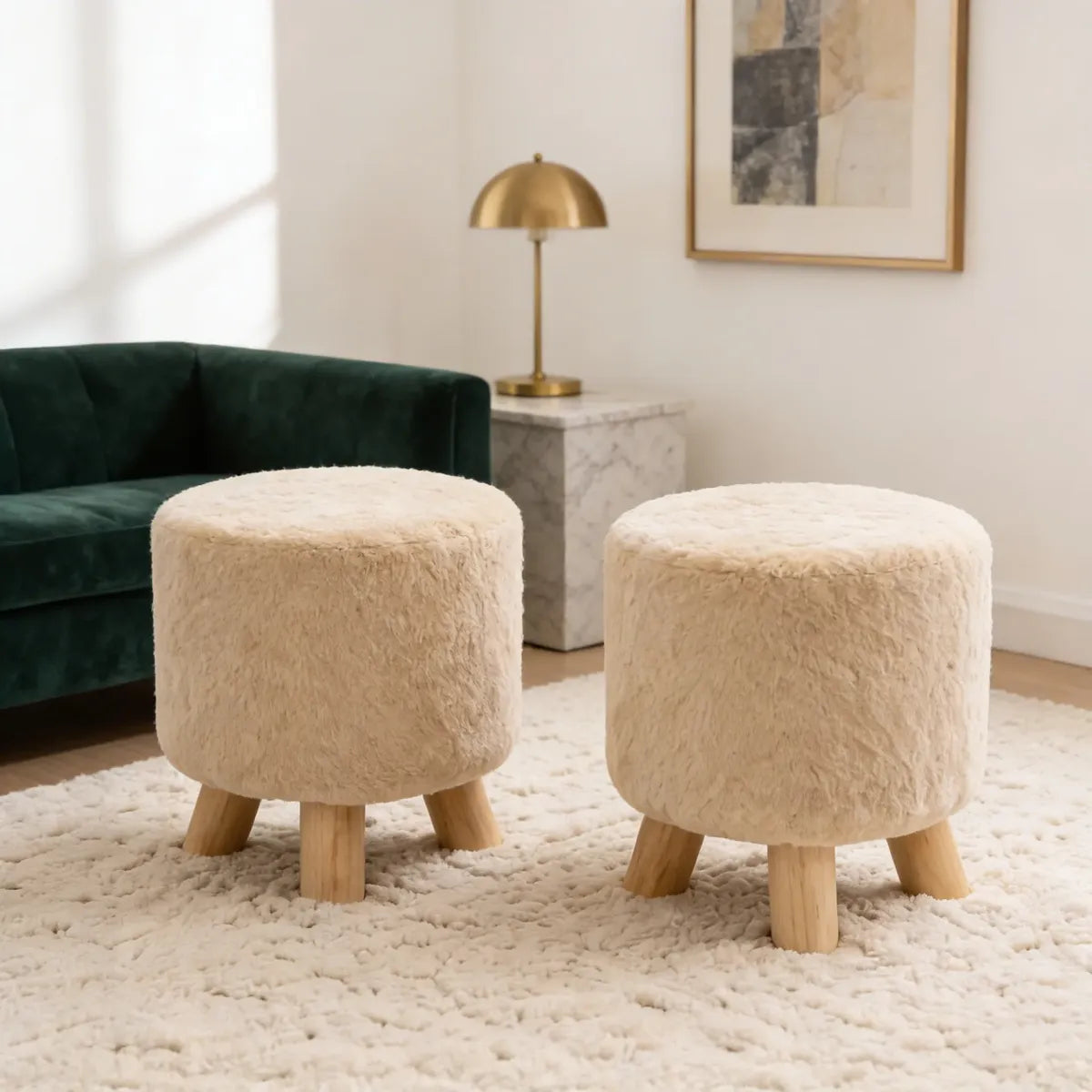 Set X2 Banco Puff Redondo Con Patas De Madera 30x30cm