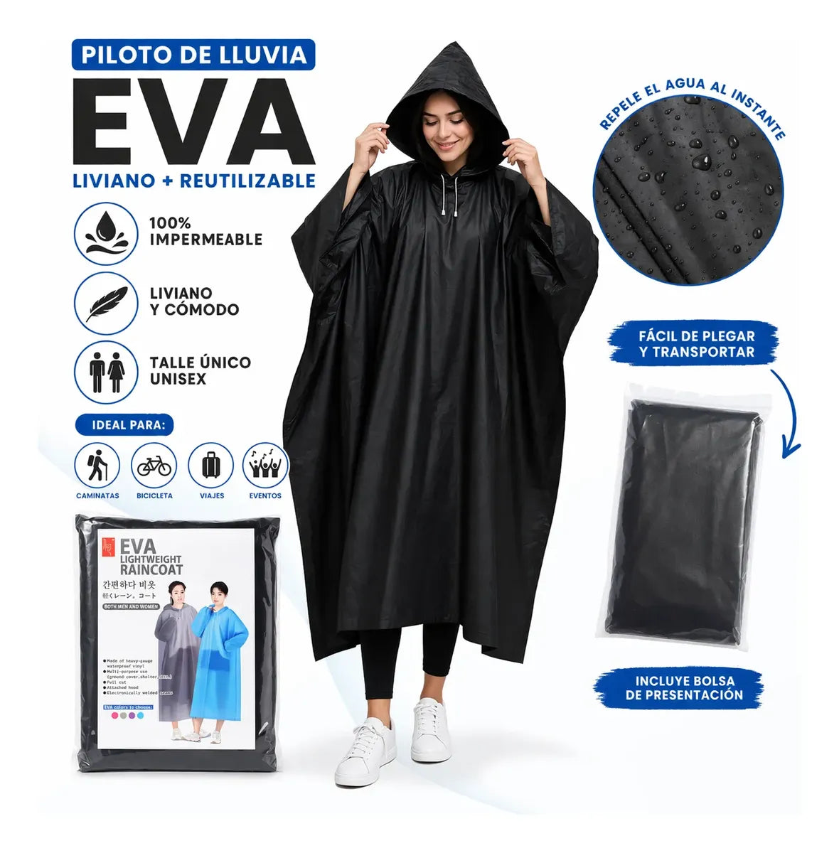 Pilot Capa De Lluvia Eva Impermeable Unisex Negro 120cm
