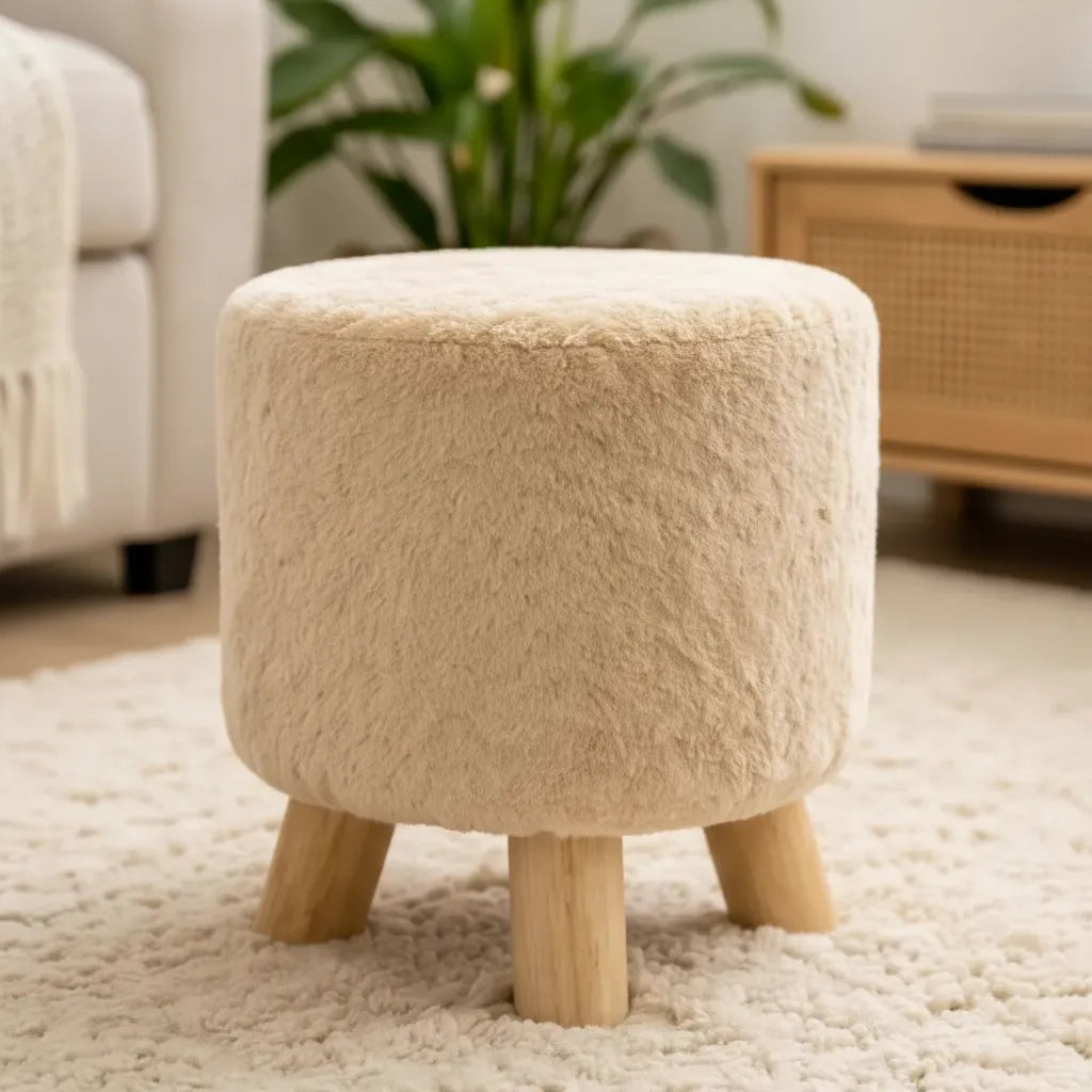 Set X2 Banco Puff Redondo Con Patas De Madera 30x30cm